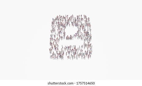 3d rendering of crowd of different people in shape of symbol of rectangular card with person portrait on white background isolated