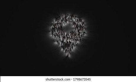 3d rendering of crowd of different people with flashlight in shape of symbol of placeholder on dark background with shadows