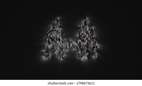 3d rendering of crowd of different people with flashlight in shape of symbol of Petronas twin tower on dark background with shadows