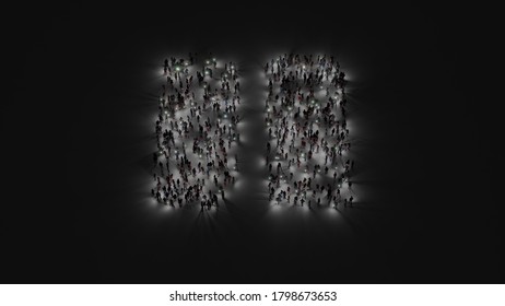 3d rendering of crowd of different people with flashlight in shape of symbol of bold pause symbol on dark background with shadows