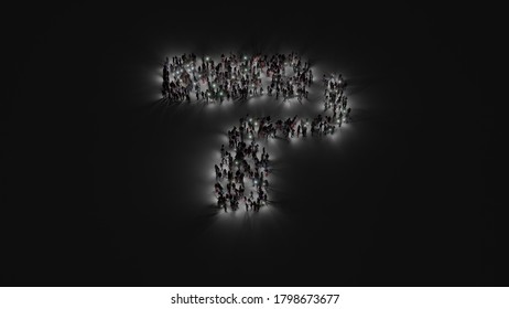 3d rendering of crowd of different people with flashlight in shape of symbol of paint roller on dark background with shadows