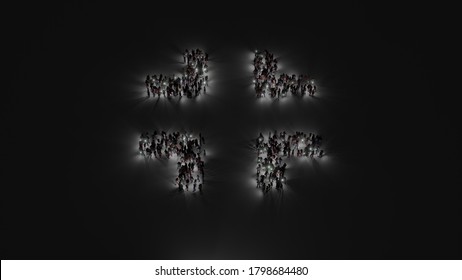 3d Rendering Of Crowd Of Different People With Flashlight In Shape Of Symbol Of Compress Edges On Dark Background With Shadows