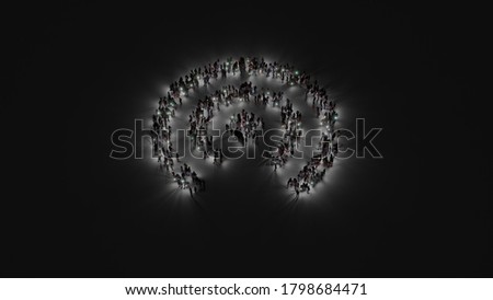 3d rendering of crowd of different people with flashlight in shape of symbol of connection circular wires on dark background with shadows
