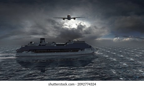 3d Rendering, Cruise Ship In The Open Sea With Jet Airliner Flying Above, Aerial View
Airplane Above Large Cruise Ship, Holyday Travel Concept, 3d Illustration
