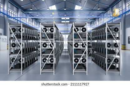 3d Rendering Crypto Mining Farm With Graphic Card Or Gpu Rack In Warehouse