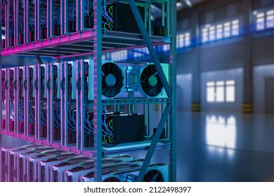 3d Rendering Crypto Mining Farm With Graphic Card Or Gpu Rack In Neon Light