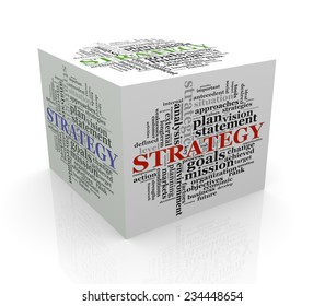 3d rendering of cube box of wordcloud word tags of strategy