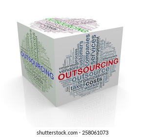 3d rendering of cube box of wordcloud word tags of outsourcing