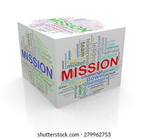 3d rendering of cube box of wordcloud word tags of mission