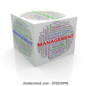 3d rendering of cube box of wordcloud word tags of management