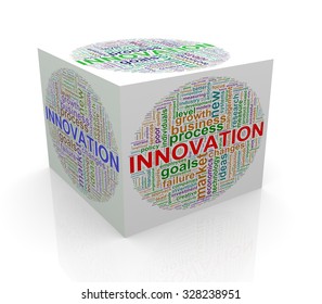 3d rendering of cube box of wordcloud word tags of innovation