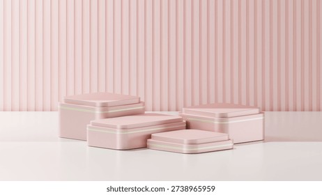 3D rendering of a cube shaped podiums with curved corners. 4 cube podiums with metallic Malibu shaders. Podium template for product replacement.