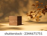 3d rendering of cube shaped wooden side table placed on lighted surface with autumn brown yellow leaves on side against blurred background