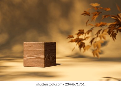 3d rendering of cube shaped wooden side table placed on lighted surface with autumn brown yellow leaves on side against blurred background - Powered by Shutterstock