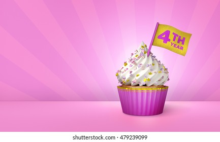 3D Rendering of Cupcake, 4th Year Text on the Flag, Pink Paper Cupcake