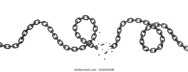 3d Rendering Of A Curled Iron Chain Broken In Half And Lying On A White Background. Freedom From Restrictions. Breaking All Chains. Escaping Boundaries.