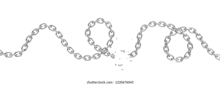 3d Rendering Of A Curled Iron Chain Broken In Half And Lying On A White Background. Freedom From Restrictions. Breaking All Chains. Escaping Boundaries.