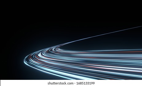 3D Rendering Of Curved Blue And Red Light Path Trail. Concept Of Way To Success, Business Plan, Goals And Achievement, Advanced Technology Evolution