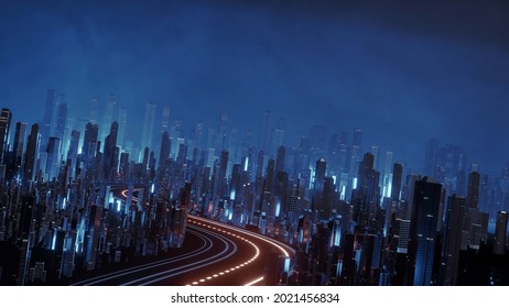 3D Rendering Of Curvy Highway With Blur Light From Buildings In Mega City At Night. Concept Of Next Generation Technology, Fin Tech,big Data, Fast Mobile  Network, Machine Learning, Product Background