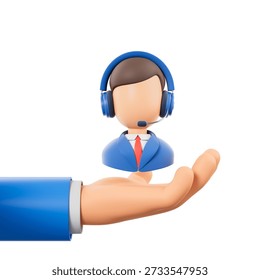 3D rendering of a customer support representative icon with headset and suit held in a hand, isolated on white background, symbolizing service concept