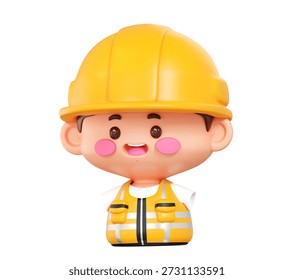 3d rendering of a cute cartoon construction worker character wearing yellow hard hat and safety vest. Perfect for Labor Day celebration engineering and industrial project designs.