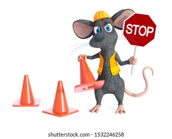 3D rendering of a cute cartoon mouse dressed as a construction woker, holding a traffic cone and stop sign. White background.