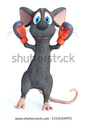 3D rendering of a cute cartoon mouse wearing boxing gloves. He looks like a winning champion. White background.