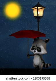 3D Rendering Of A Cute Cartoon Racoon Standing Under A Streetlamp And Holding A Red Umbrella In The Rain. It's Night And The Moon Is Shining.