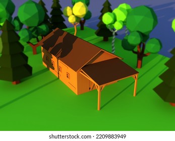 3d Rendering Cute Cartoon Wooden Village Livestock Barn