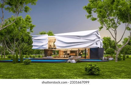 3d rendering of cute cozy modern house with bionic natural curves plastic forms with parking  and pool for sale or rent with beautiful landscape. Clear summer evening with cozy light from window
