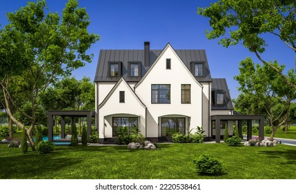 3d rendering of cute cozy white and black modern Tudor style house with parking  and pool for sale or rent with beautiful landscaping. Fairy roofs. Clear sunny summer day with blue sky.
