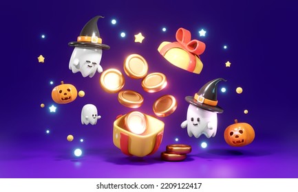 3D Rendering Of Cute Little Ghost With Gift Box Open With Money Coin Concept Of Halloween Background For Commercial Advertising Design. 3d Render Cartoon Style.