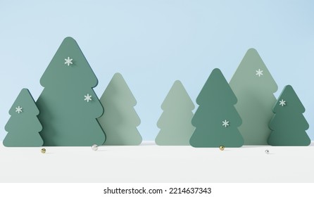 3D Rendering Cute Papercut Christmas Tree On Snow Background.