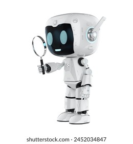 3d rendering cute personal assistant robot with magnifying glass isolated on white
