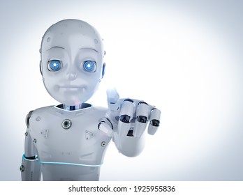 3d rendering cute robot or artificial intelligence robot with cartoon character finger point