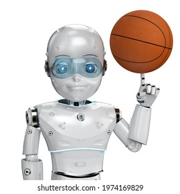 3d Rendering Cute Robot Or Artificial Intelligence robot With Cartoon Character Hand Holding Basketball On White Background