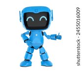 3d rendering cute and small artificial intelligence personal assistant robot with cartoon character thumb up isolated on white