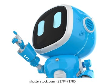 3d rendering cute and small artificial intelligence assistant robot with cartoon character finger point and look up