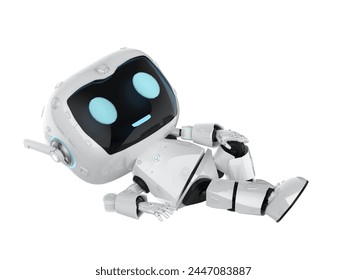 3d rendering cute and small artificial intelligence personal assistant robot with cartoon character lie down isolated on white