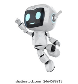 3d rendering cute and small artificial intelligence personal assistant robot with cartoon character jump isolated on white