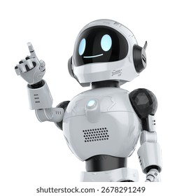 3d rendering cute and small artificial intelligence personal assistant robot finger point isolated on white background