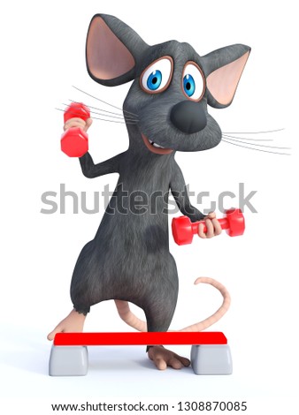 3D rendering of a cute smiling cartoon mouse exercising with red dumbbells and a step up board. White background.