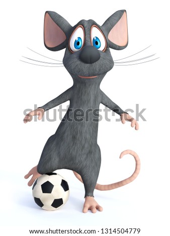 3D rendering of a cute smiling cartoon mouse kicking a soccer ball. White background.