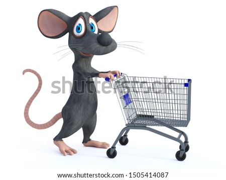 3D rendering of a cute smiling cartoon mouse walking with an empty shopping cart, ready to shop. White background.