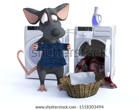 3D rendering of a cute smiling cartoon mouse putting clothes in a washing machine, doing his laundry. White background.