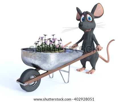 3D rendering of a cute smiling cartoon mouse holding a wheelbarrow with flowers, ready to do some gardening. White background.