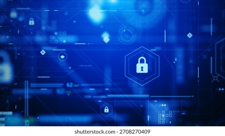 3D rendering cyber security HUD scene with layered digital locks, flowing data lines and futuristic network panels, designed for high-tech visuals, AI themes and secure system interface backgrounds