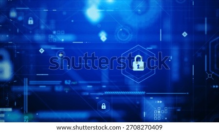 3D rendering cyber security HUD scene with layered digital locks, flowing data lines and futuristic network panels, designed for high-tech visuals, AI themes and secure system interface backgrounds