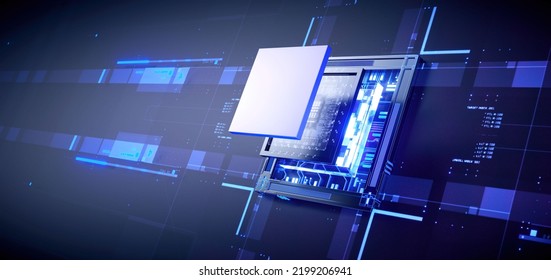 3D rendering of cyberpunk AI. Circuit board. Technology background. Central Computer Processors CPU and GPU concept. Motherboard digital chip. Tech science background.