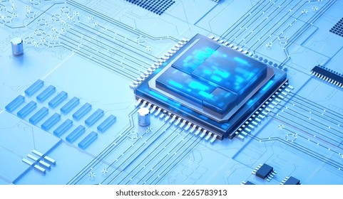 Representación 3D de cyberpunk AI. Tarjeta de circuitos. Antecedentes tecnológicos. Procesador de computadora central Concepto de CPU y GPU. Chip digital de motherboard. Antecedentes de la ciencia tecnológica.